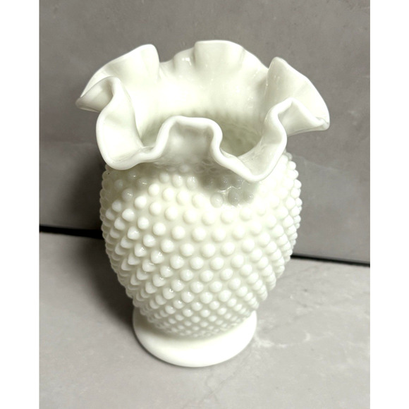 Vintage 1950s Fenton Hobnail Milk Glass Double Crimped Vase 6" Tall - Picture 7 of 7